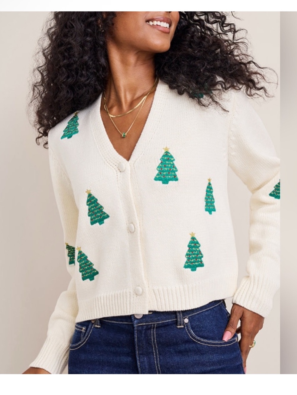 Francesca's Christmas Holiday Cream V-Neck Cardigan with Green Tree Embroidery L